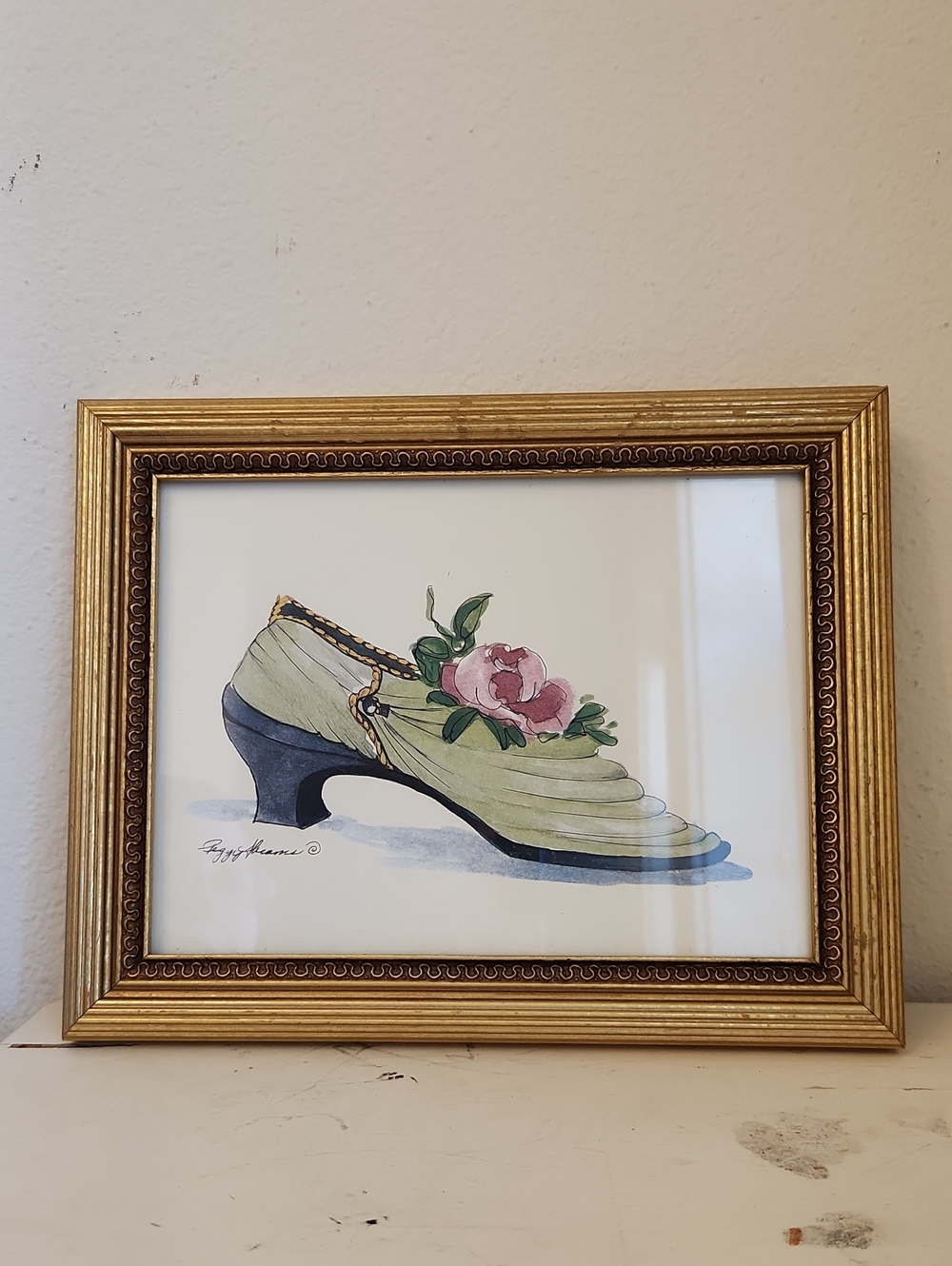 ♤ Olive Green Shoe Art Print with Pink Floral Accent